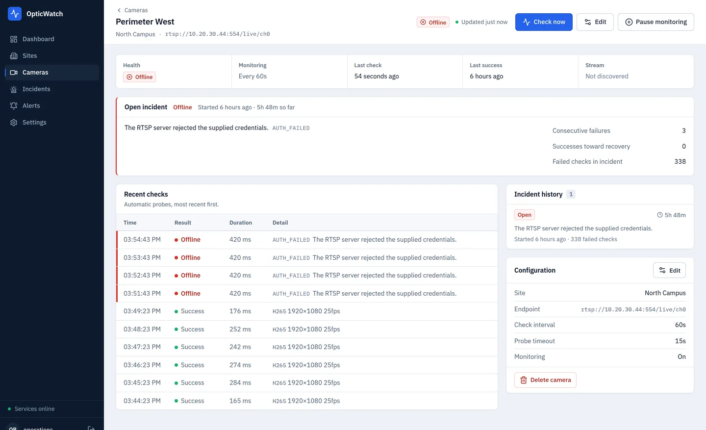 An OpticWatch camera detail page for a camera named Perimeter West: offline with an open incident lasting 5 hours 48 minutes, an AUTH_FAILED reason, threshold counters, and a list of recent checks showing successful probes followed by authentication failures.